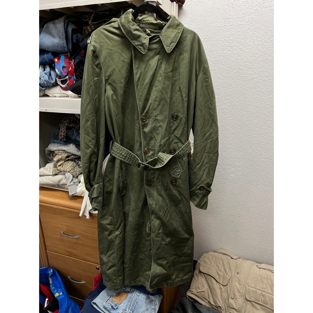 Vintage 50s Trench Coat Mens Medium Long Green Double Breasted Belted Overcoat